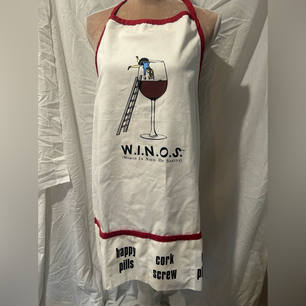 White Apron with Red Trim and Black Text